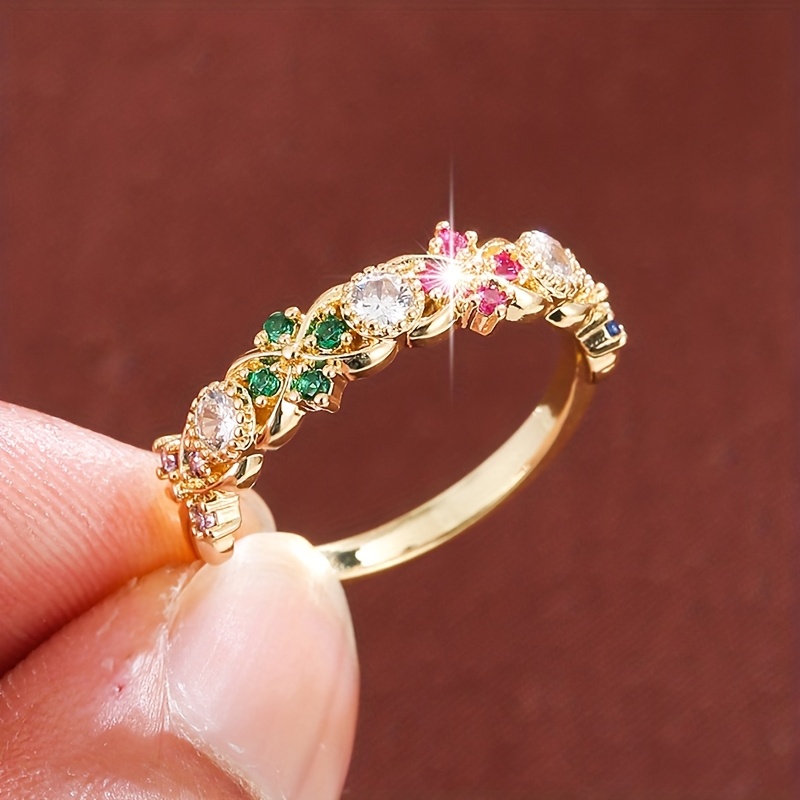 Floral Geometric Women's Ring with Oval Cut Stone & Multicolor Zirconia
